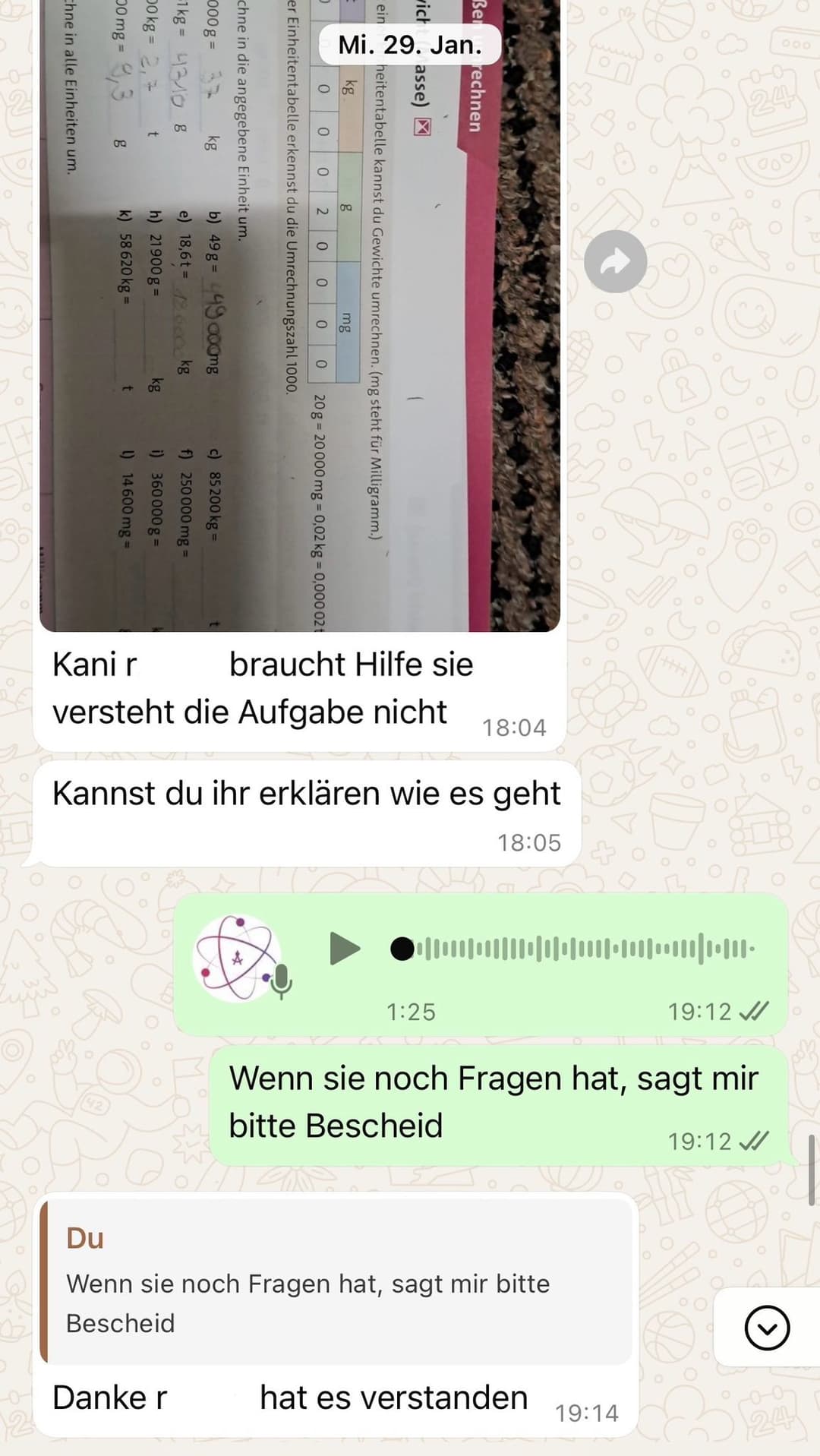 WhatsApp Nachricht von einem/einer SchülerIn